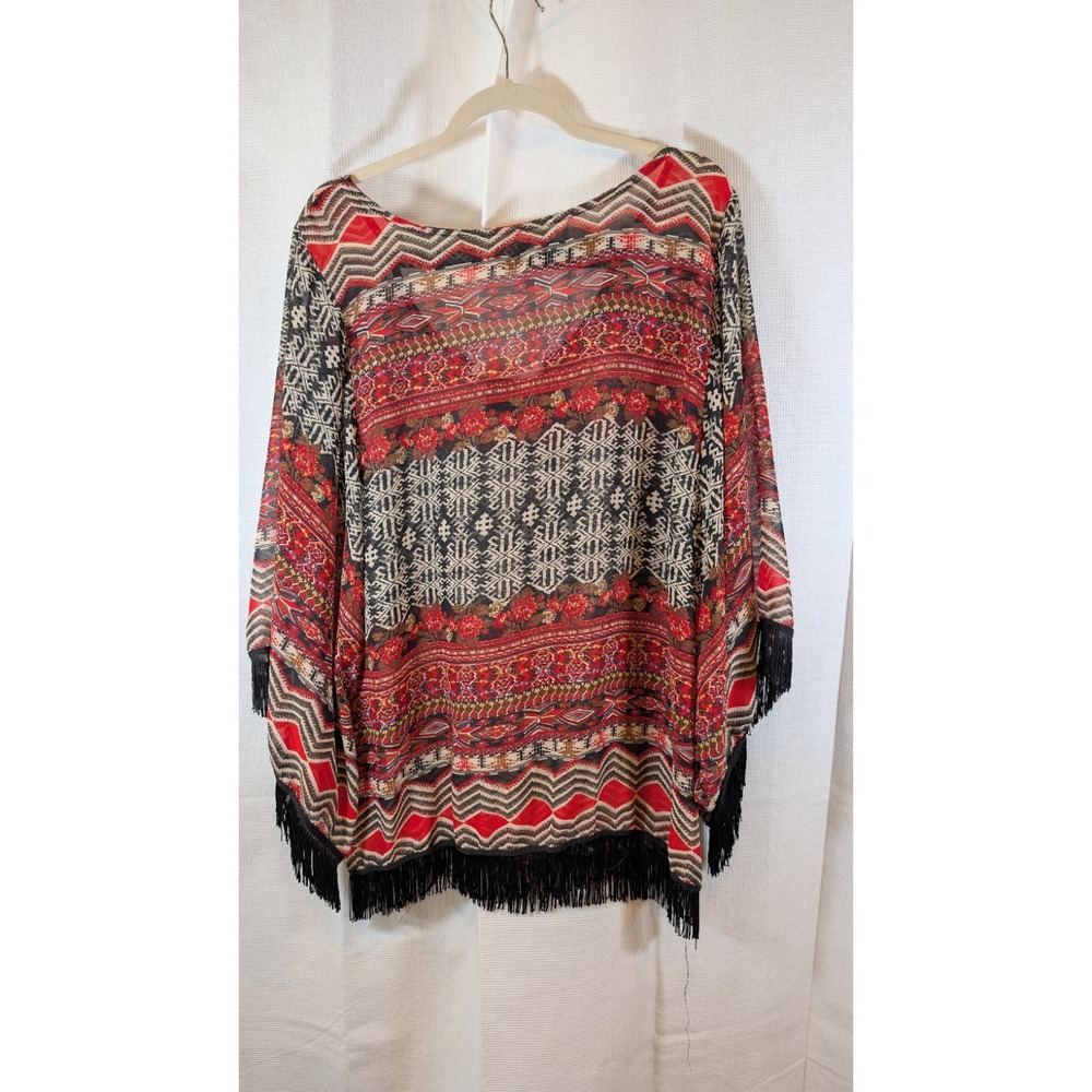 Urban Mangoz Boho Patchwork Geometric Print Fringe Kimono Shrug Cardigan Large